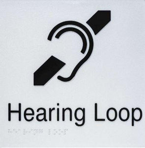 Silver Hearing Loop 180x180 Braille Sign AS1248