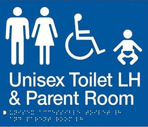 Blue Unisex Toilet LH and Parent Room (Accessible) 180x235 Braille Sign AS1248
