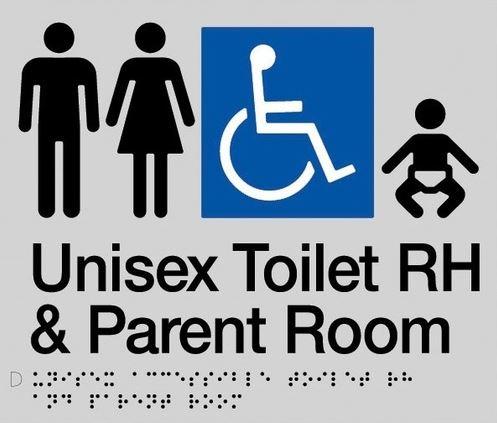 Silver Unisex Toilet RH and Parent Room (Accessible) 180x235 Braille Sign AS1248
