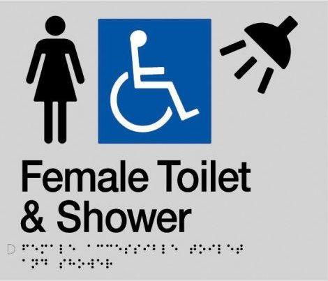 Silver Female Toilet & Shower (Accessible) 180x210 Braille Sign AS1248