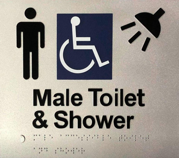 Silver Male Toilet & Shower (Accessible) 180x210 Braille Sign AS1248